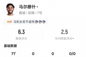 浪费机会！马尔穆什本场数据：5射门1射正错失1进球机会，评分6.3