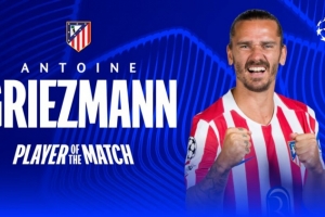 击中门框！官方：35岁格列兹曼当选马竞vs阿森纳全场最佳